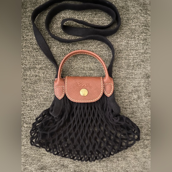 LE PLIAGE FILET XS MESH BAG Black Net Crossbody Bag with Brown Trim - Picture 3 of 4